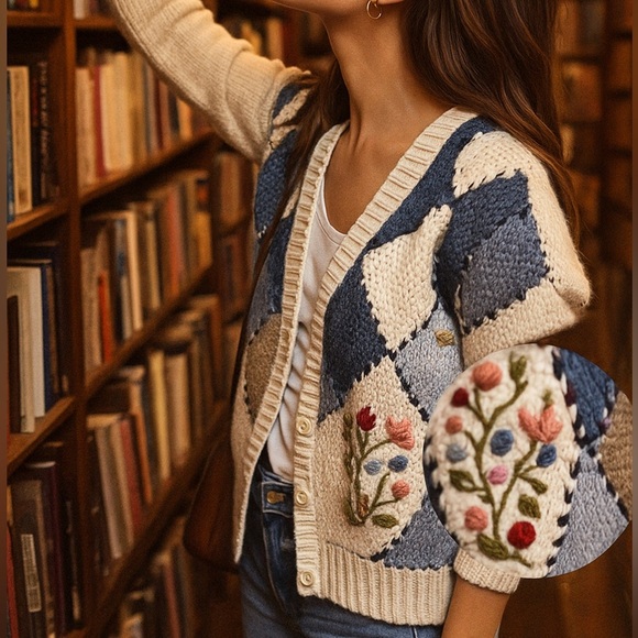 1980s Vintage Cottagecore Floral Knit Cardigan – White & Blue Diamond Pattern - Picture 12 of 12